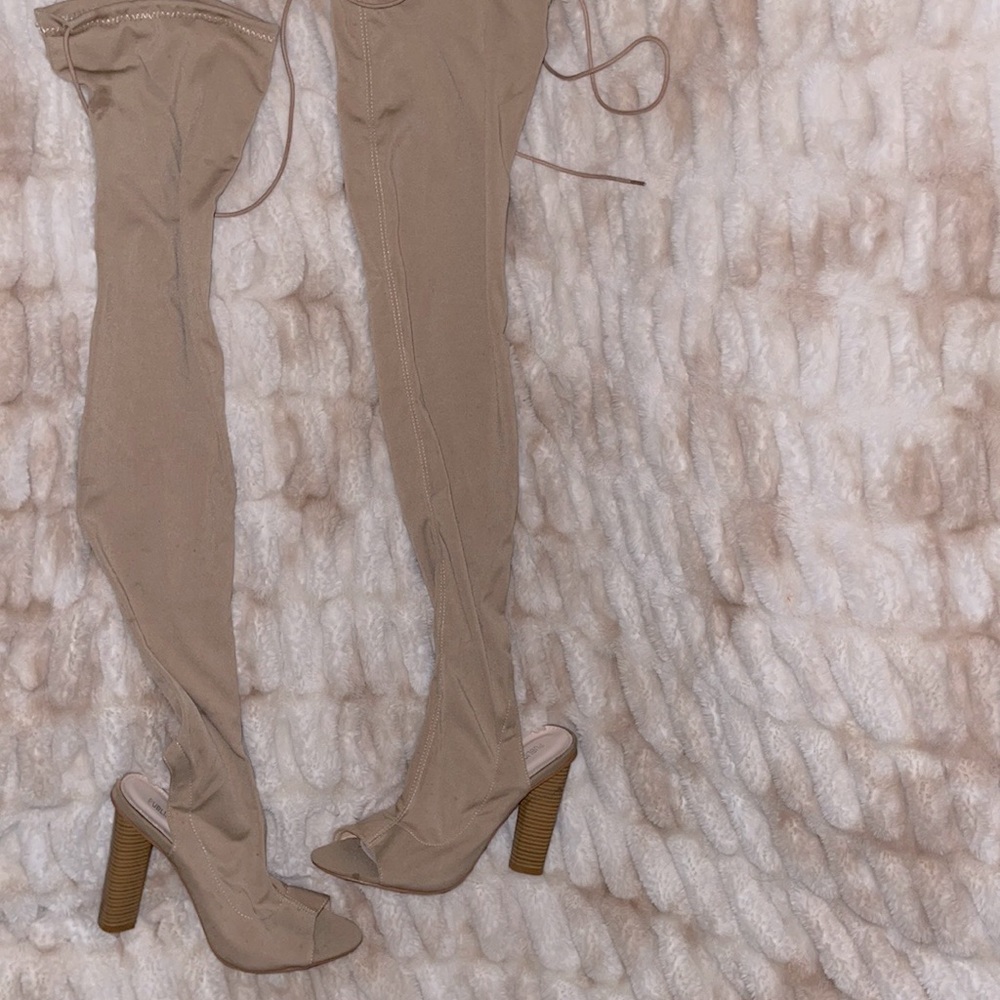 Thigh high nude stretchy boots